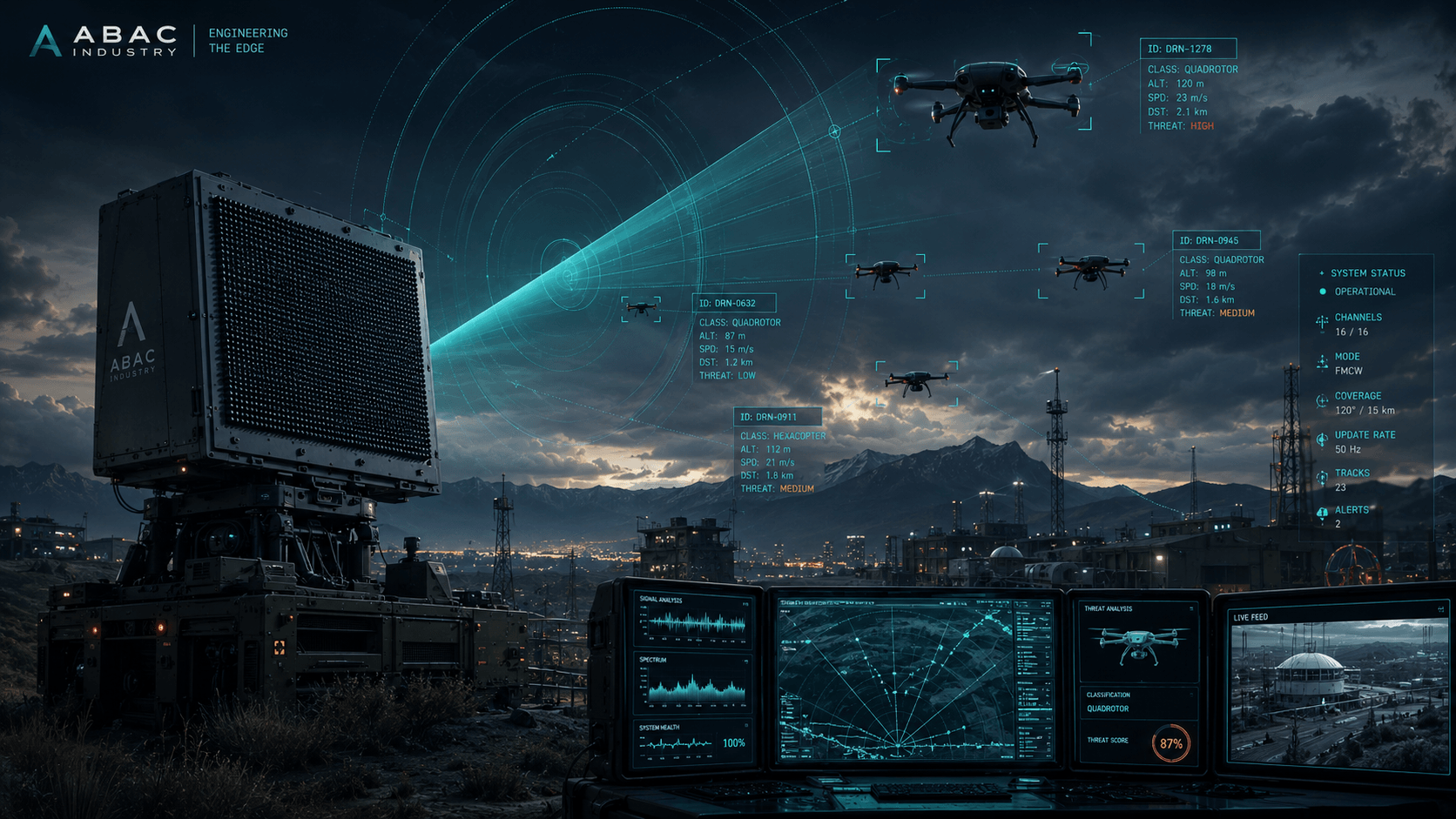 ABAC counter-UAS radar platform detecting and tracking hostile drones with real-time intelligence overlays